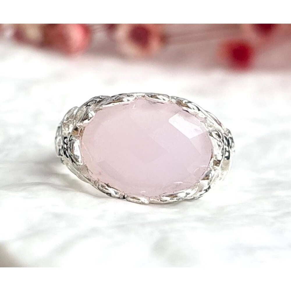 Faux Pink Oval Cut Stone Silver Toned Cutout Costume Jewelry Vintage Ring - sz 8